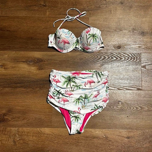 Marilyn Monroe Swim Pushup Ruched 2-Piece Swimsuit Flamingo Print M High Rise - Picture 6 of 11